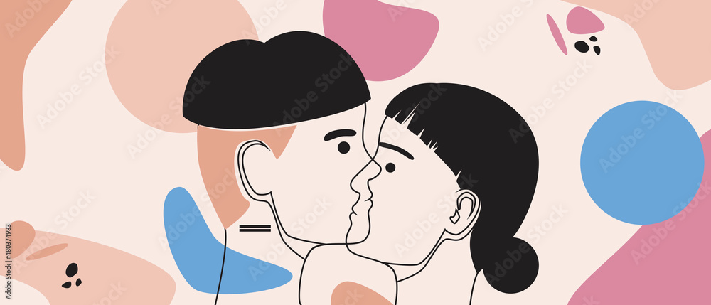 Outline couple in modern style, vector stock illustration with abstract figures as print of love and hugging Outline couple in modern style, vector stock illustration with abstract figures as print of love and hugging