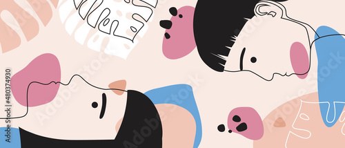 Retro collage outline female face art, vector stock illustration with simple geometric portrait of a woman or modern depicting people