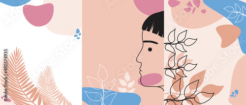 Set of outline line female face art, Vector stock illustration with Abstract modern collage of geometric shapes in a modern trendy style