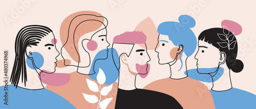 Modern abstract outline people faces with art, various geometric shapes, vector stock illustration with crowd or group of abstract people