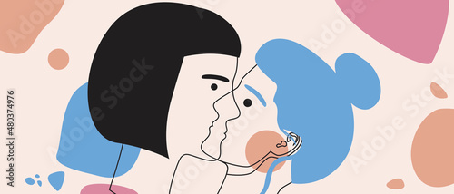 Modern female faces with abstract shapes, Vector stock illustration with LGBTQ lesbian couple for February 14