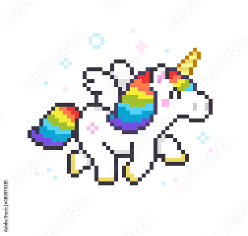 Pixel art Rainbow Unicorn on white background cartoon style isolated vector. Cute White Unicorn icon in retro 8-bit game style 