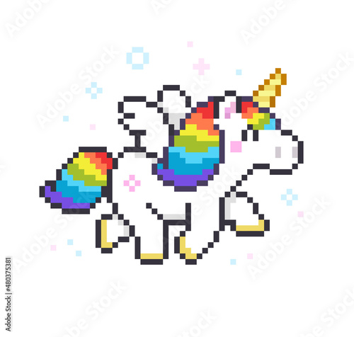 Pixel art Rainbow Unicorn on white background cartoon style isolated vector. Cute White Unicorn icon in retro 8-bit game style	