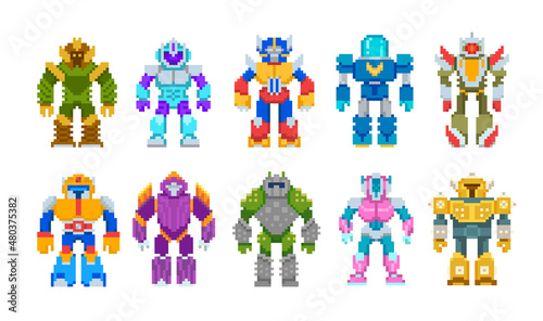 Pixel art robots and 8-bit superheroes vector set on white background for retro game design