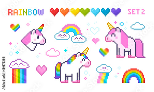 Pixel Art Unicorns wit Rainbow set, colorful 8-bit hearts icons, cute clouds - isolated vector elements collection. Cute White Unicorn icon in retro 8-bit video game style	