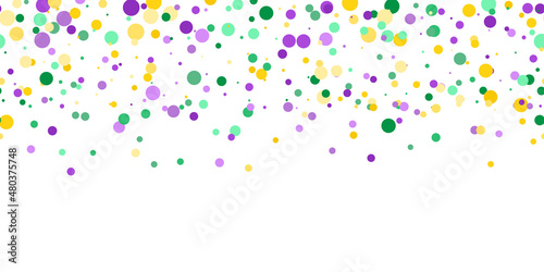 Seamless horizontal pattern beautiful geometric yellow, green, purple confetti on white background. Venetian carnival Mardi Gras party. Great for horizontal posters, header for website. Vector