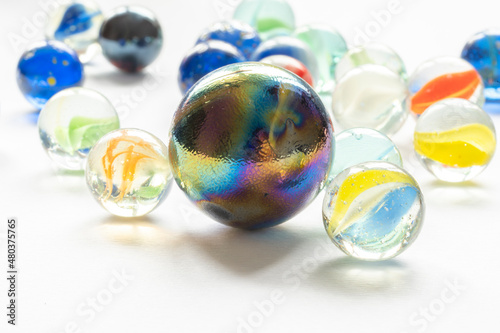 Colored glass balls and marble taw, children toy, decoration