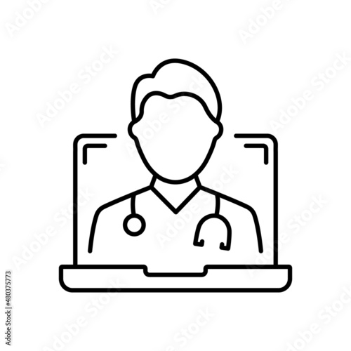 Online Digital Medicine Line Icon. Doctor in Computer Medical Health Care Online Linear Pictogram. Virtual Medicine Service Outline Icon. Telemedicine. Editable Stroke. Isolated Vector Illustration