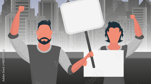 A group of men with a banner in their hands against the backdrop of the city. Protest concept. Vector. Cartoon style.