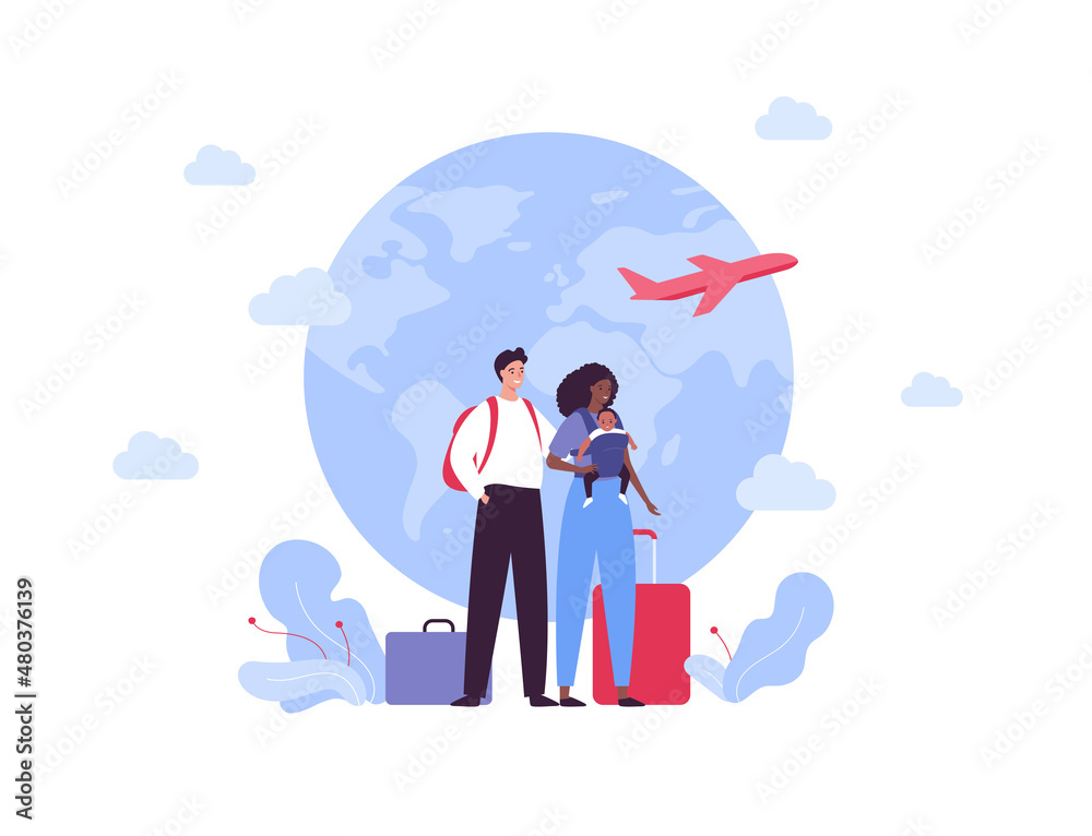 Family tourism and global travel concept. Vector flat people illustration. Couple of mixed ethnic parents with baby in carrier and baggage on planet earth with plane background. Family tourism and global travel concept. Vector flat people illustration. Couple of mixed ethnic parents with baby in carrier and baggage on planet earth with plane background.