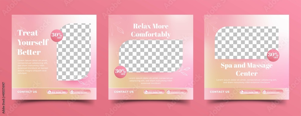 Set of Spa, beauty, and massage social media post design templates. Modern banner with gradient pink color and place for the photo. Usable for social media post, banner, and web ads.