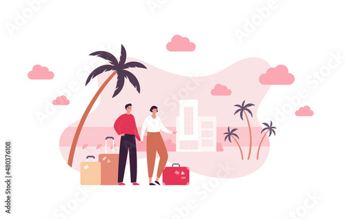 Tourism and vacation travel concept. Vector flat people illustration. Couple of young adult male and female tourist with baggage on sea beach with hotel building background.