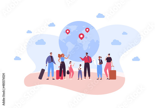 Family tourism and global travel concept. Vector flat people illustration. Group of multhiethic character of parents with child with baggage on planet earth with map pin background.