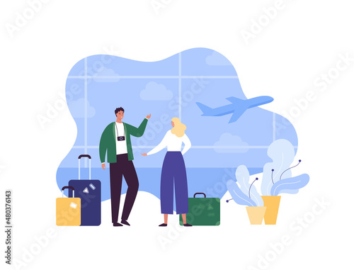 Tourism and airplane travel concept. Vector flat people illustration. Couple of man with photo camera and blond woman with baggage on airport window with plane background.