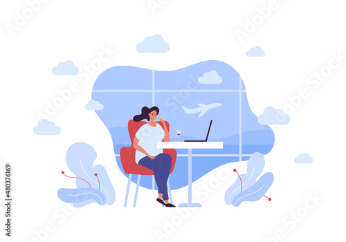 Global travel and tourism concept. Vector flat people illustration. Woman with wine glass sit in chair wait in departure lounge on airport terminal window with plane background. photo
