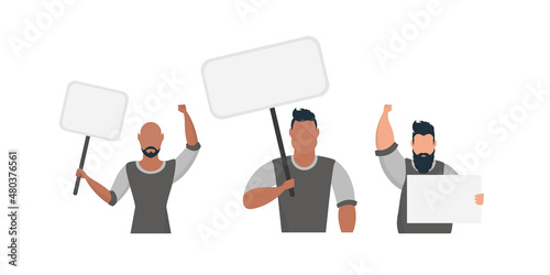 A guy with an empty banner in his hands. With space for your text. Rally or protest concept. Vector illustration.