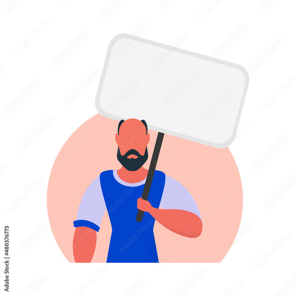 Protest concept A man holds an empty banner in his hands. With space for your text. Rally or protest concept. Cartoon style, vector illustration.