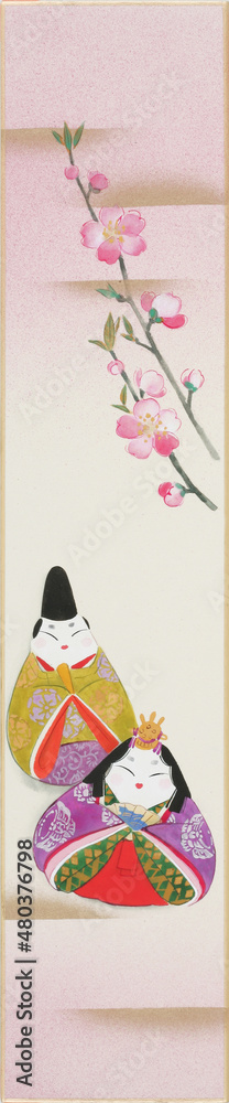 Naklejka premium 桃の花と紫の衣装の雛人形色紙