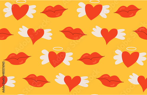 Valentine's day seamless pattern with red lips and hearts with wings. Yellow vector background. Romantic illustration