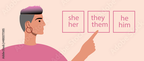 Gender choice, adult LGBTQ person, Flat vector stock illustration with Gender pronouns, he, she, they photo
