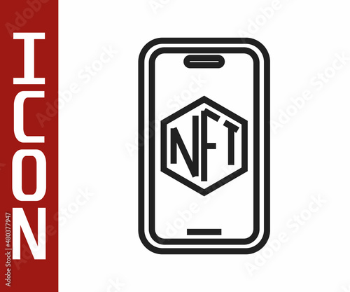 Black line Mobile with art store app icon isolated on white background. Technology of selling NFT tokens for cryptocurrency. Non fungible token. Vector