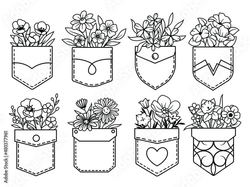 Set of cute flowers in a pocket. Collection of flower bouquet inside pocket. Wild flower. T-shirt design. Hand drawn. Vector illustration for a store.