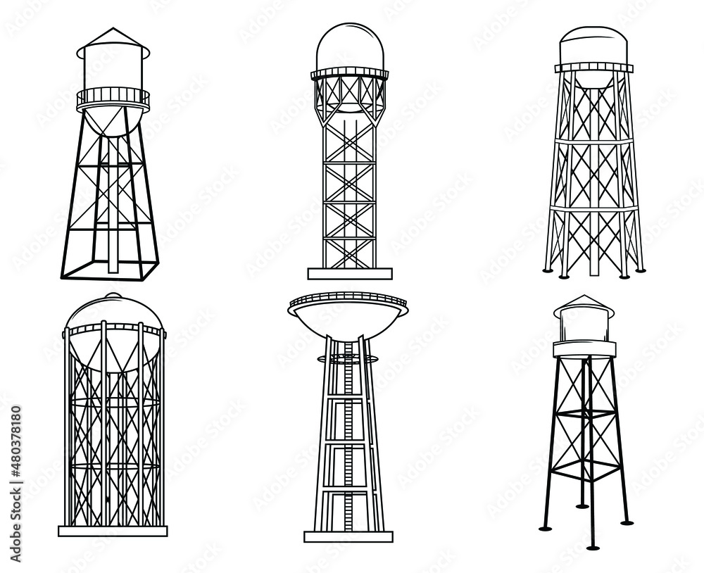 Set of water tower. Collection of various water storage tanks. Industrial construction with water. High of metal construction for aqua resources. Vector illustration on white background.