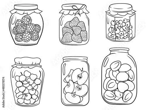 Set of jars with berries. Collection of jars with jam. Vitmanins. Fruit preservation. Cute food. Organic product. Confiture to tea. Vector illustration isolated on white background.