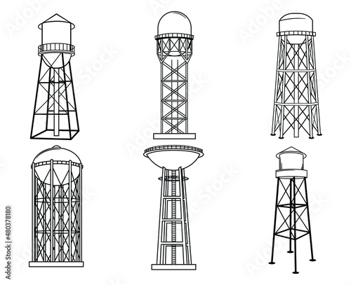 Set of water tower. Collection of various water storage tanks. Industrial construction with water. High of metal construction for aqua resources. Vector illustration on white background.