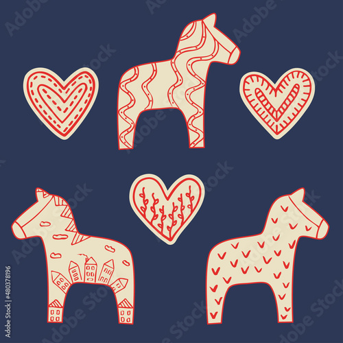 Dala horses and hearts set. Hand drawn sketch traditional Swedish Dalarna horse scandinavian pattern for cards, tourism related design photo