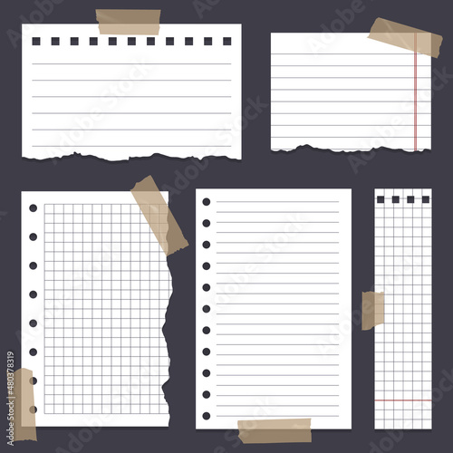 Set of various white note papers with curled corner, pinned pushbutton, ready for your message. Background realistic isolated vector illustration.
