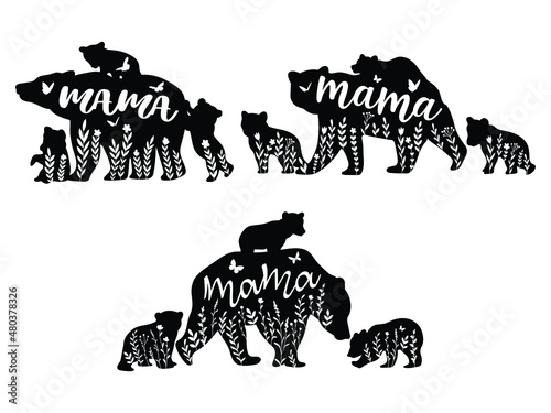 Set of mama bear and baby bears. Collection of silhouette mother bear with cute flower. Vector illustration for animal for mother day. Zoo design. Tattoos. photo