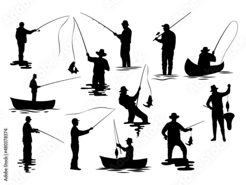 Fototapeta Set of silhouette fisherman
