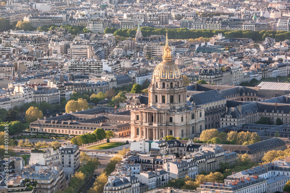 Aerial photo of Paris with Les Invalides during evening, famous landmark in Paris, France