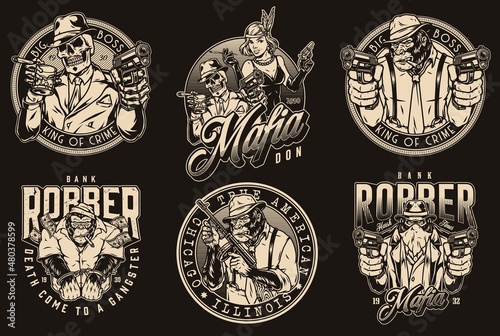 Vintage monochrome set of mafia characters