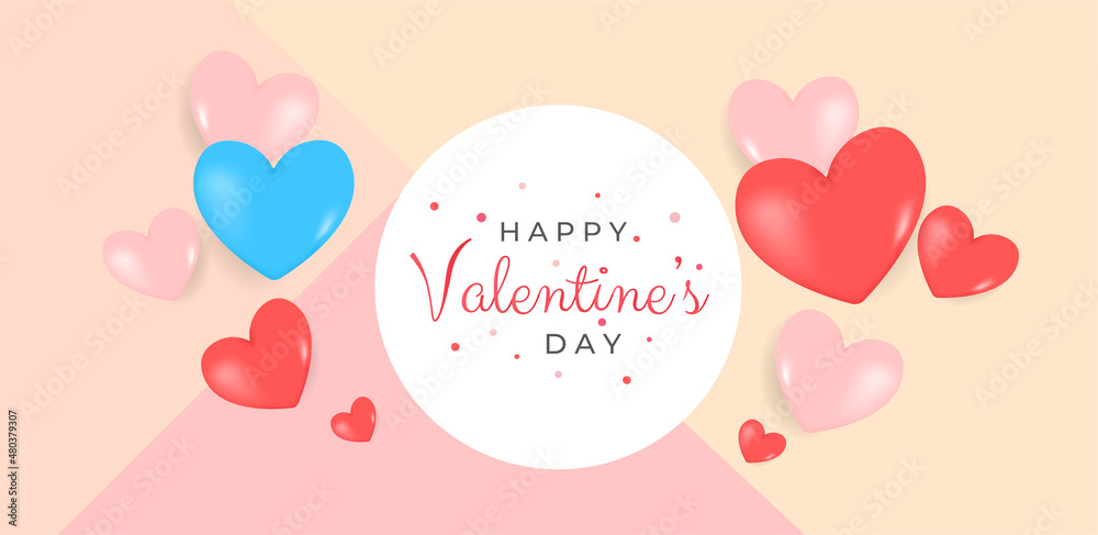 Valentine's day concept frame. Vector illustration. 3d red, pink and blue paper hearts on geometric background.