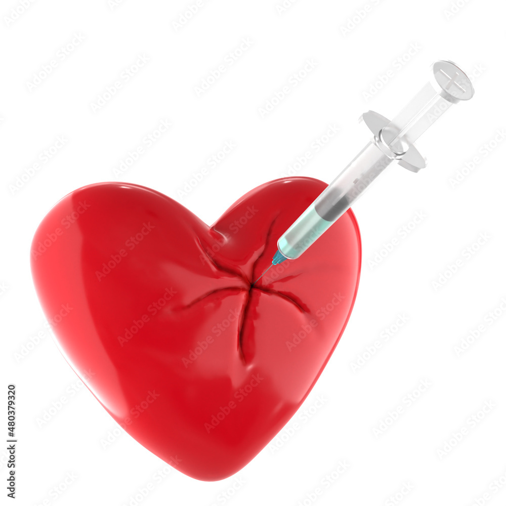 Heart damage from vaccine concept with red heart and syringe isolated on white background, 3D render Heart damage from vaccine concept with red heart and syringe isolated on white background, 3D render