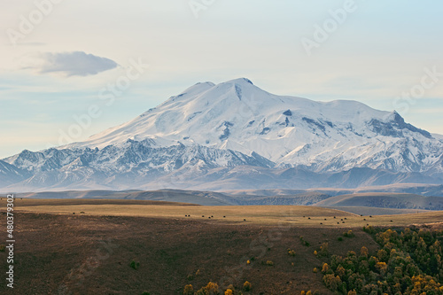 Elbrus and hayfields of the Elbrus region in the early morning photo