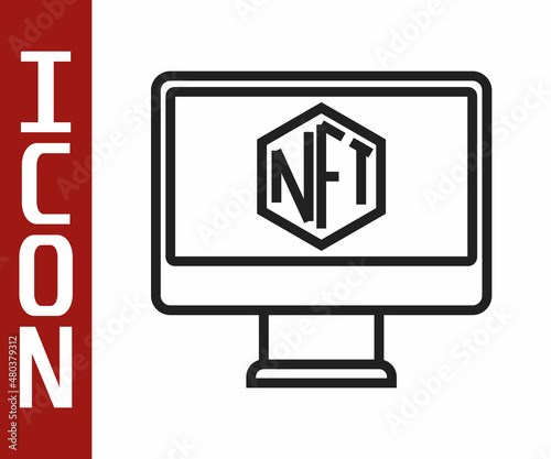 Black line Monitor with art store app icon isolated on white background. Technology of selling NFT tokens for cryptocurrency. Non fungible token concept. Vector