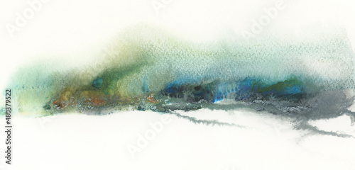 Abstract watercolor and acrylic flow blot smear painting. Winter landscape. Color canvas texture horizontal long background.