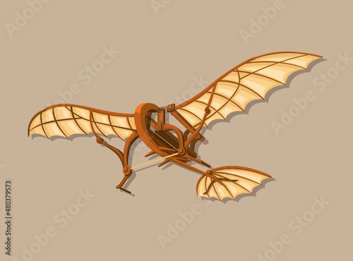 Flying machine creation from Leonardo Davinci, concept technology historical illustration vector