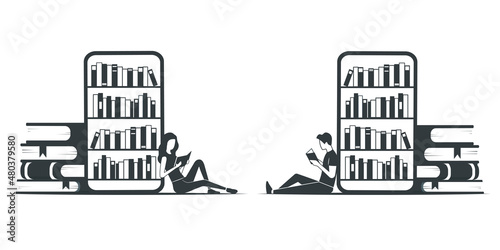 Reading books. Online book store. Flat illustration. Isolated on white background.