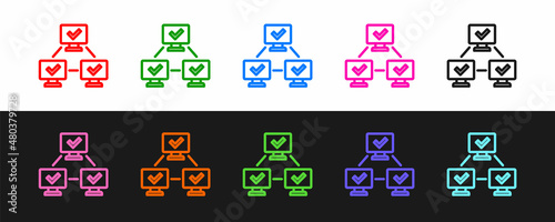 Set line NFT blockchain technology icon isolated on black and white background. Non fungible token. Digital crypto art concept. Vector