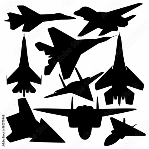 A set of silhouettes of military fighters.