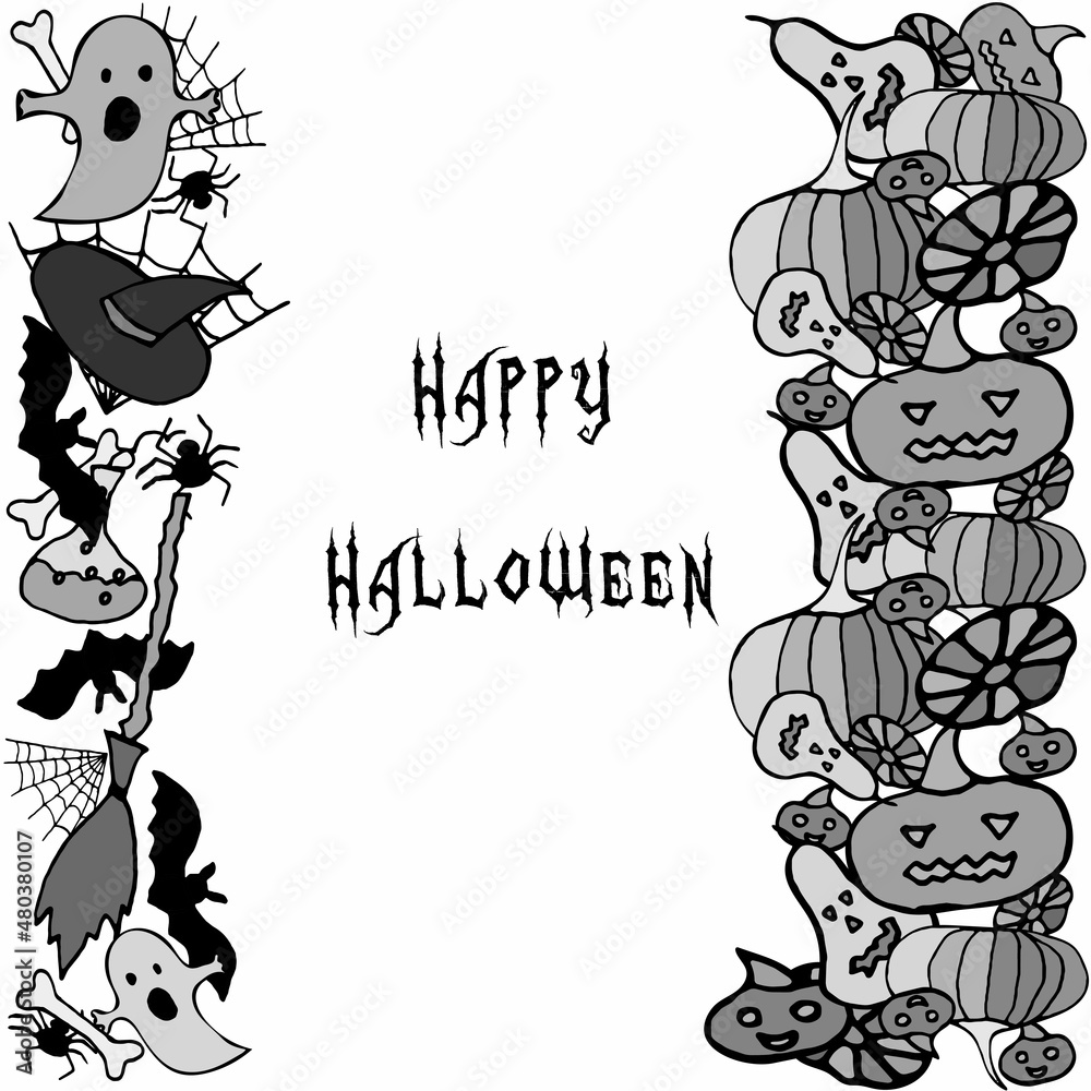 Happy Halloween vector card. Holiday monochrome bordure with pumpkins, spiders, ghosts, bats on white background for banner, poster, greeting card, party invitation. Happy Halloween vector card. Holiday monochrome bordure with pumpkins, spiders, ghosts, bats on white background for banner, poster, greeting card, party invitation.