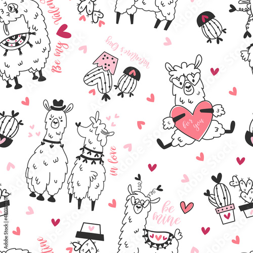 Seamless pattern with cute Valentine's day llamas.