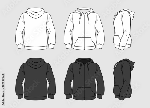 Black and white sweatshirt hoodie template in three dimensions: front, side and back view vector. Clothes for sport and urban style