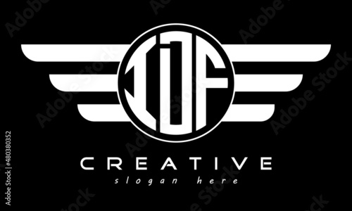 IDF three letter monogram type circle letter logo with wings vector template.