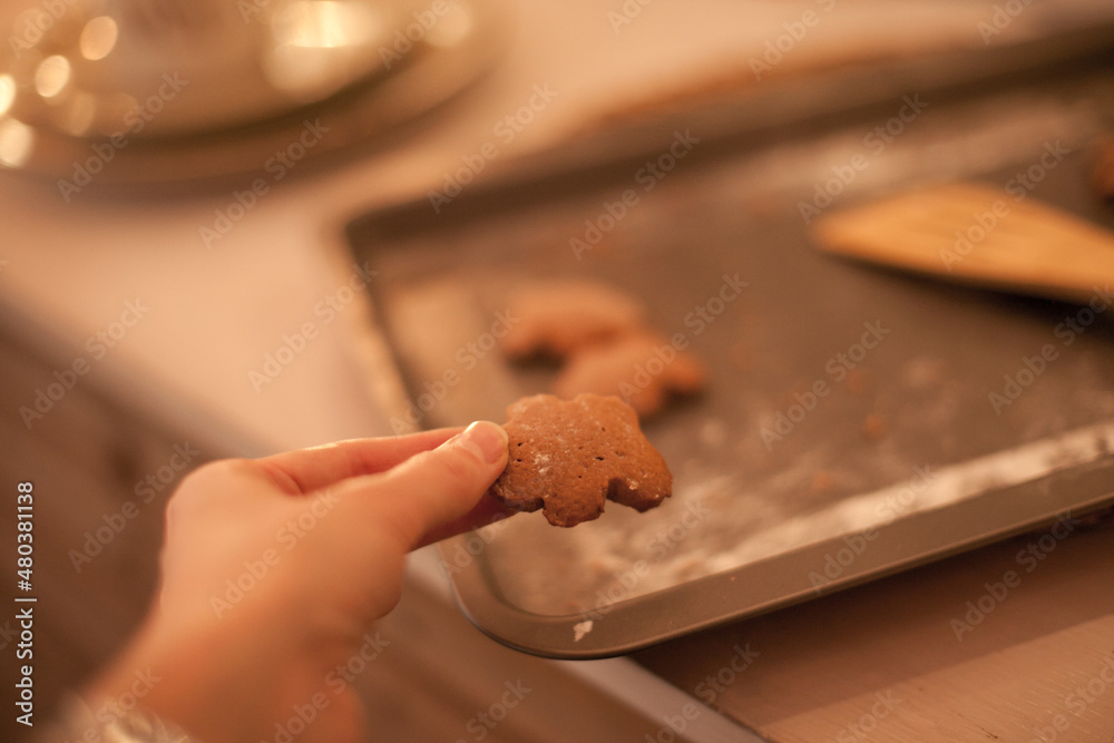 hand holding a  gingerbread lefover cookie from the oven tray in the kitchen