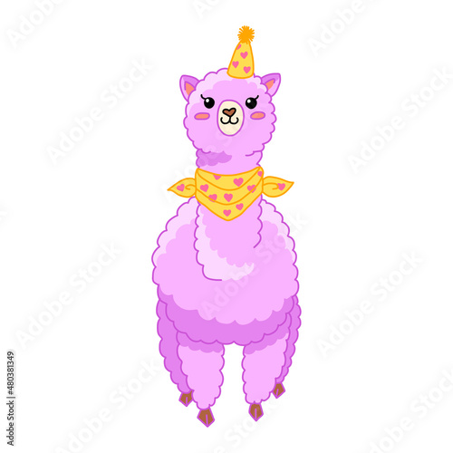 Cute violet cheerful cartoon llama illustration. Funny childish alpaca isolated vector for stickers, nurcery, gifts, print. Kawaii little llama.